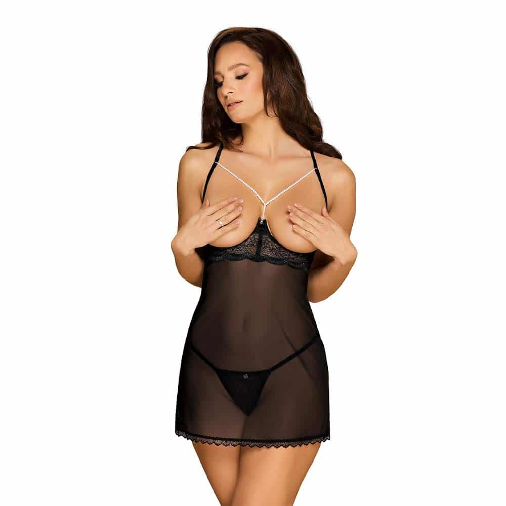 Pearlove Chemise Og G Streng Sort   S M fra Obsessive