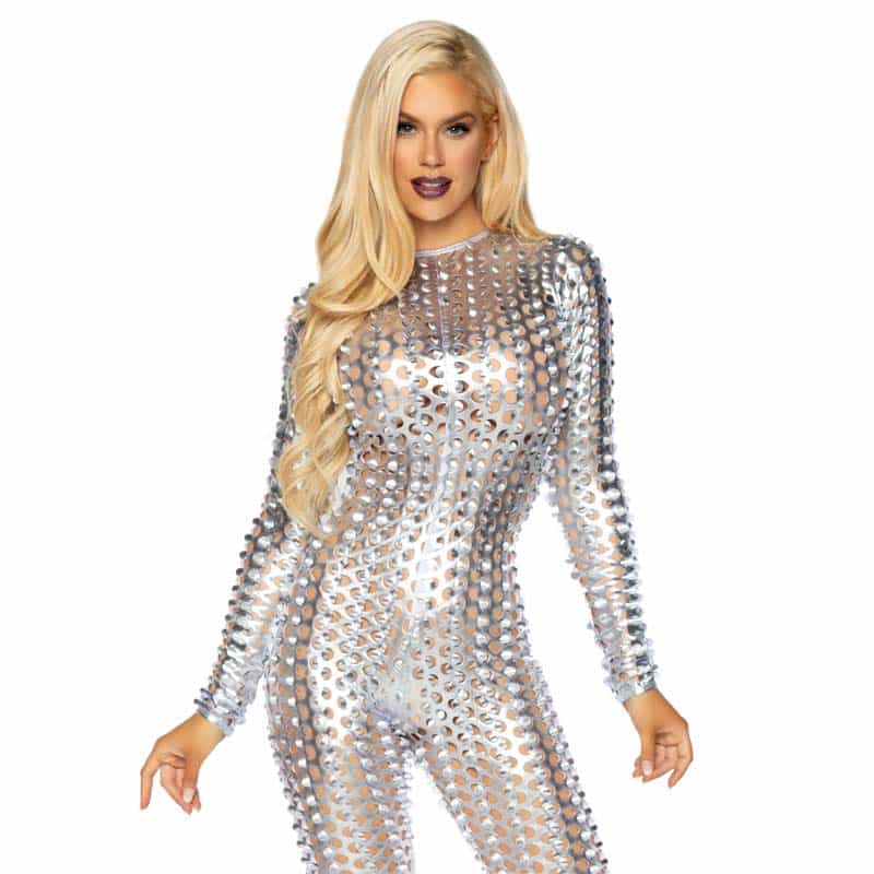 Laser Cut Metallic Catsuit   L fra Leg Avenue